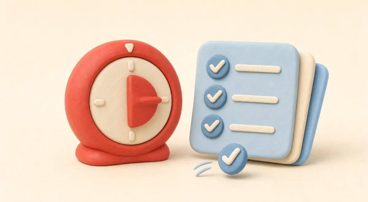 A kitchen timer beside a tidy desk with a closed laptop